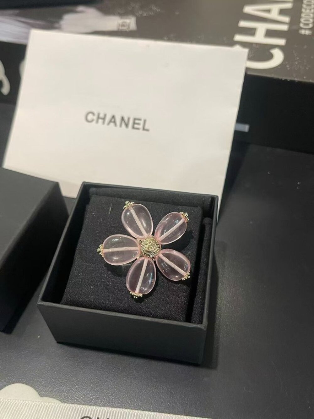 Authentic Chanel Pink Lucite Flower Brooch, Gold-Tone